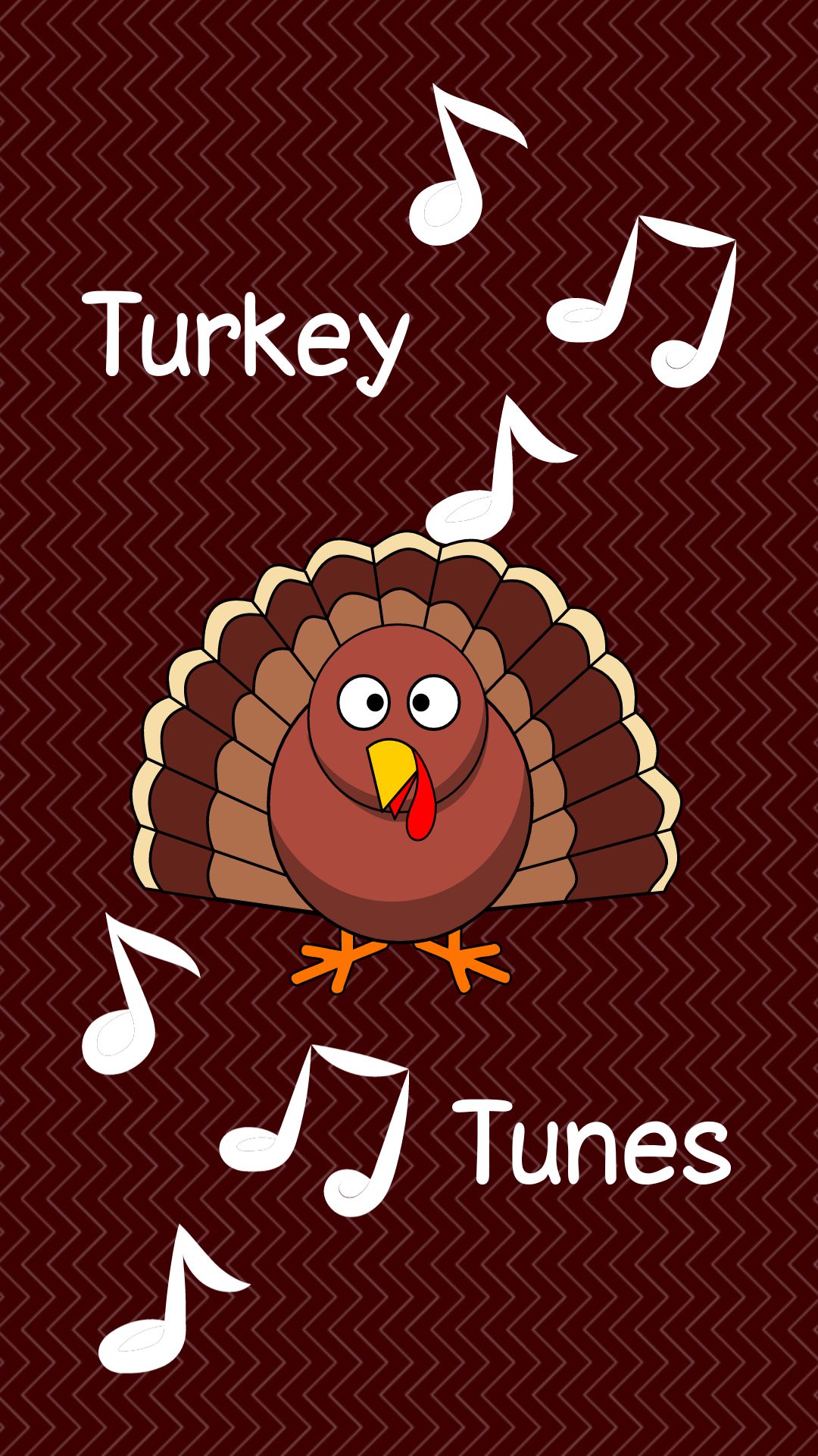 Dark and light brown chevron background. Images of a turkey and music notes. Text reads "Turkey Tunes"