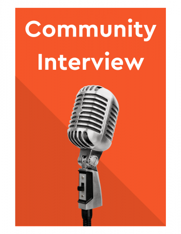 Graphic with a microphone and the worlds "community interview".