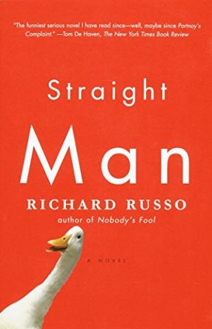 Bok cover for Straight Man by Richard Russo, which is red with a photo of a goose at the bottom