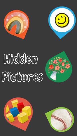 Back background with white text reading "Hidden Pictures" Five small illustrations in bubbles of rainbow, smiley face, flowers, blocks and baseball