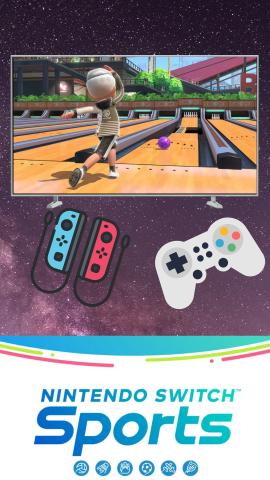 Galaxy background with TV screen showing Sports game . Game controllers pictured with the text reading "Nintendo Switch Sports" logo