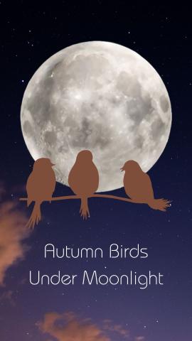Night sky background with images of a moon and birds on a branch. Text reads "Autumn Birds Under Moonlight".
