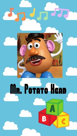Blue with clouds background. Images of Mr. Potato Head, letter blocks, and music notes. Text reads "Mr. Potato Head".