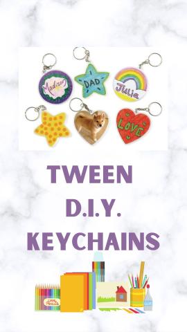 Gray and white marbled background. Images of keychains and art supplies. Text reads "Tween D.I.Y. Keychains".