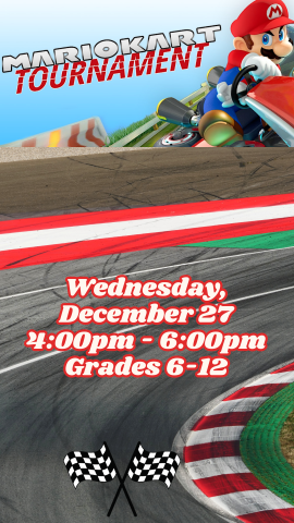 mario kart program details with racetrack background