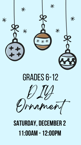 three cartoon ornaments hanging and program details