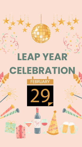 Salmon-colored background with images of party supplies and calendar date "29". Gray text reads "Leap Year Celebration".