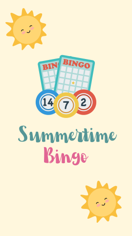 Light yellow background with images of suns, bingo cards, and balls. Blue text reads "Summertime" and Pink text reads "Bingo".