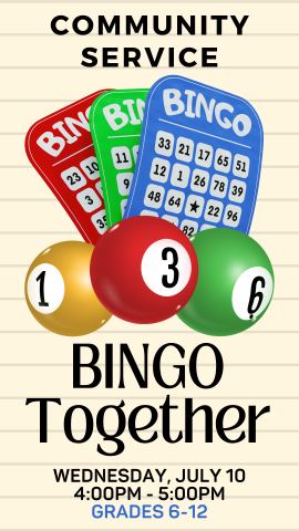 three bingo sheets and three bingo balls with program details