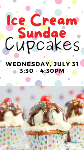three cupcakes that look like ice cream sundaes and program details