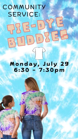 Young girl and teen girl with tie dye shirts on and program details