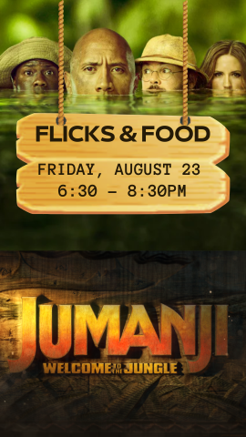 jumanji logo, picture of movie still and program details