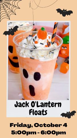 fanta ice cream float with jack o'lantern face, bats and program details