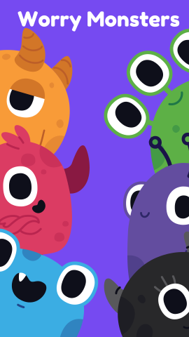 Dark purple background with images of different colored monsters. White text reads "Worry Monsters".