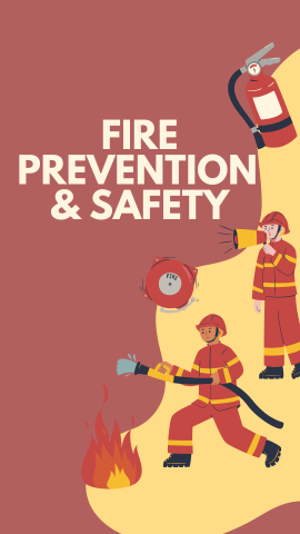 Red background with a yellow flame design and images of fire extinguisher, alarm, firemen with a hose and speaker. Beige text reads "Fire Prevention & Safety".