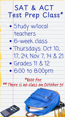 program details on a sheet of loose leaf with a backpack, pencils, and scientific calculator