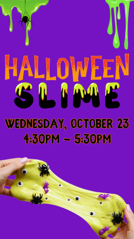 hands holding green halloween slime with program details