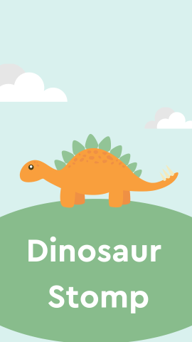 Sky and grass background with an image of a orange and green dinosaur. White text reads "Dinosaur Stomp".