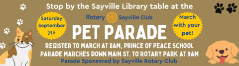 Pet parade label advertising location and time of pet parade.