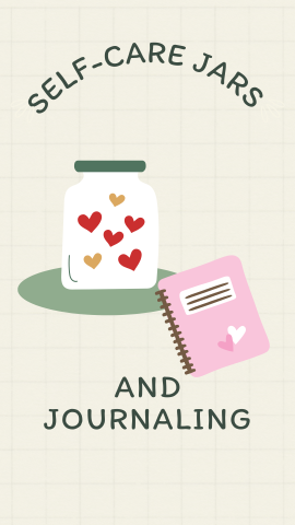 Beige grid background with images of a jar filled with hearts and journal. Dark green text reads "Self-love jars and Journaling".