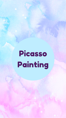 Watercolor background (purple, blue, pink) and dark purple text reads "Picasso Painting" in a light blue circle.