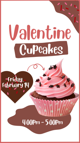 chocolate cupcake with pink frosting and heart sprinkles and program details