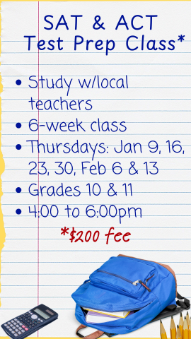 program details on a sheet of loose leaf with a backpack, pencils, and scientific calculator