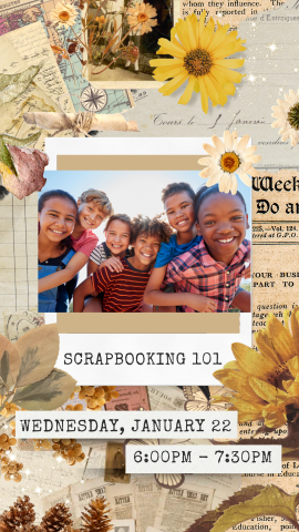 photo of teens with scrapbooking background and program details