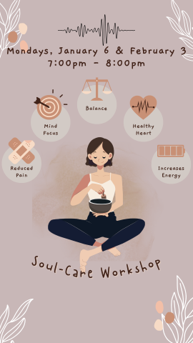 cartoon woman meditating with a sound bath and program details