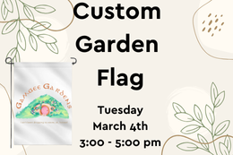 A white garden flag with a colorful hobbit hole under the words "Gamgee Gardens" with a description of the program.