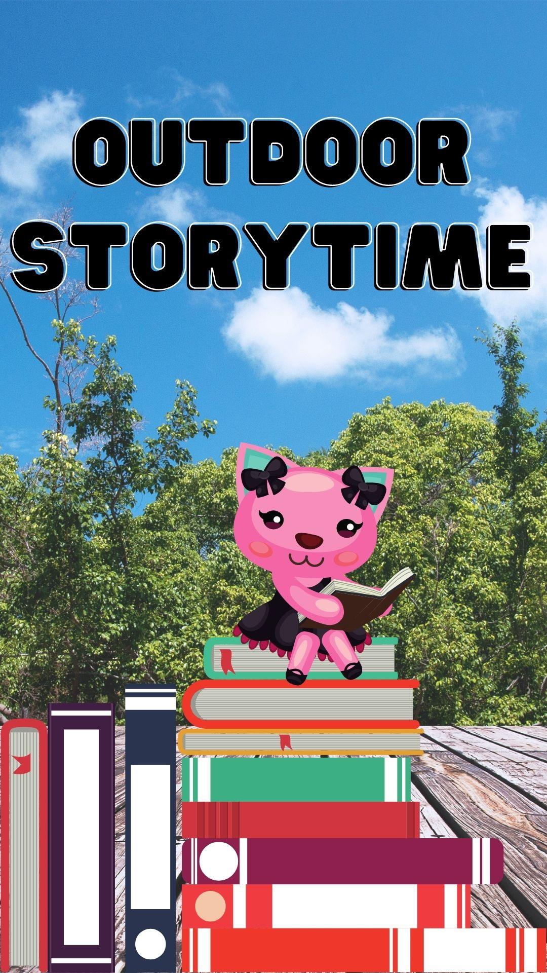Program title is Outdoor Storytime with image of cartoon character, books and trees