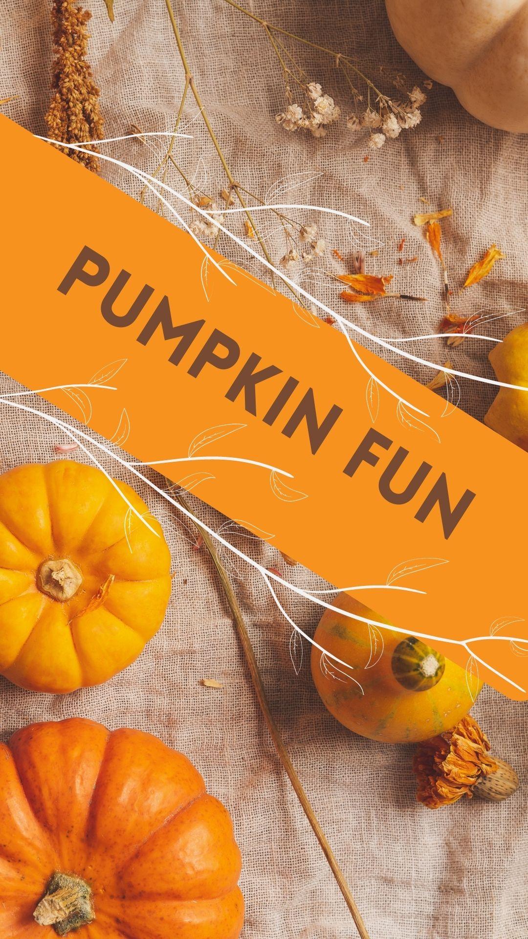 Beige with orange and yellow pumpkins background. Brown text reads "Pumpkin Fun" in an orange banner with white leaves on branches surrounding the text. 