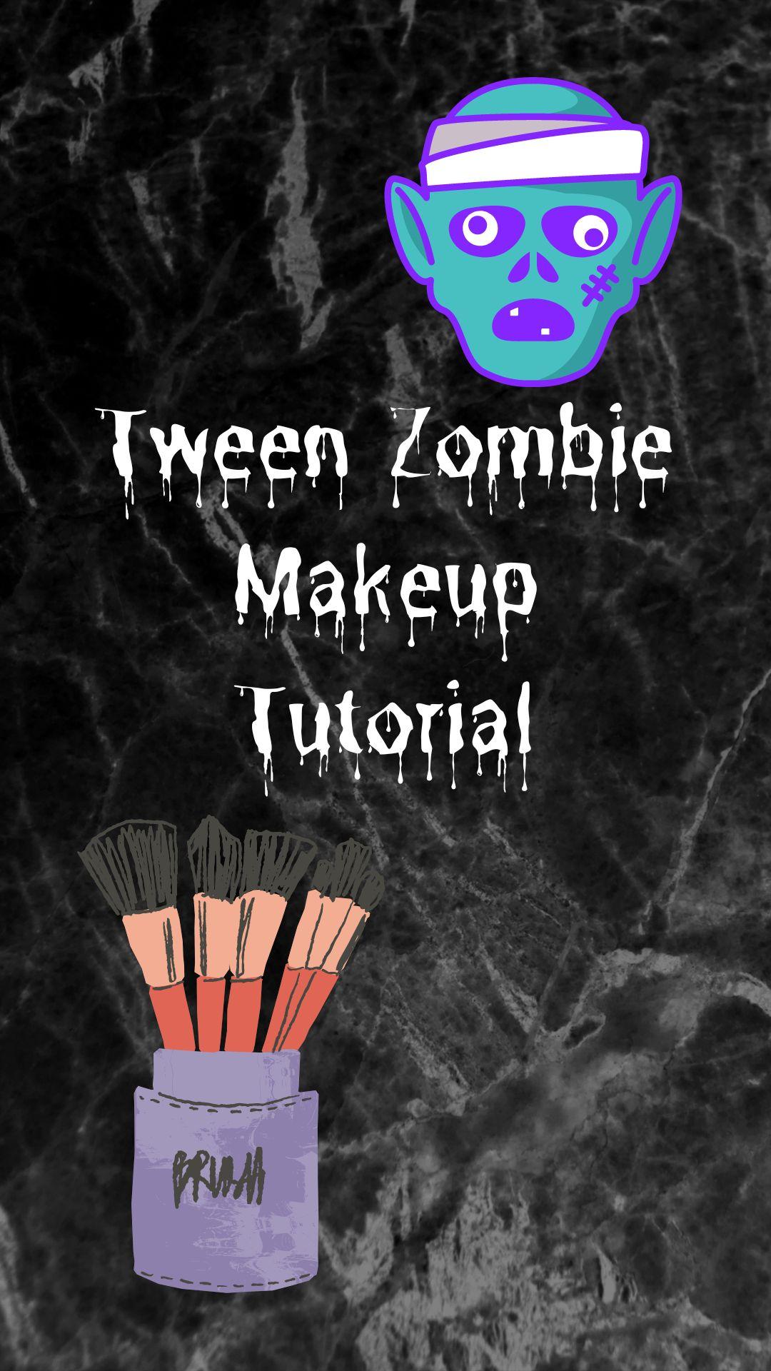 Black and gray marble pattern background. Images of a zombie face and a makeup brushes in the holder. White text reads "Tween Zombie Makeup Tutorial" in dripped letter font.