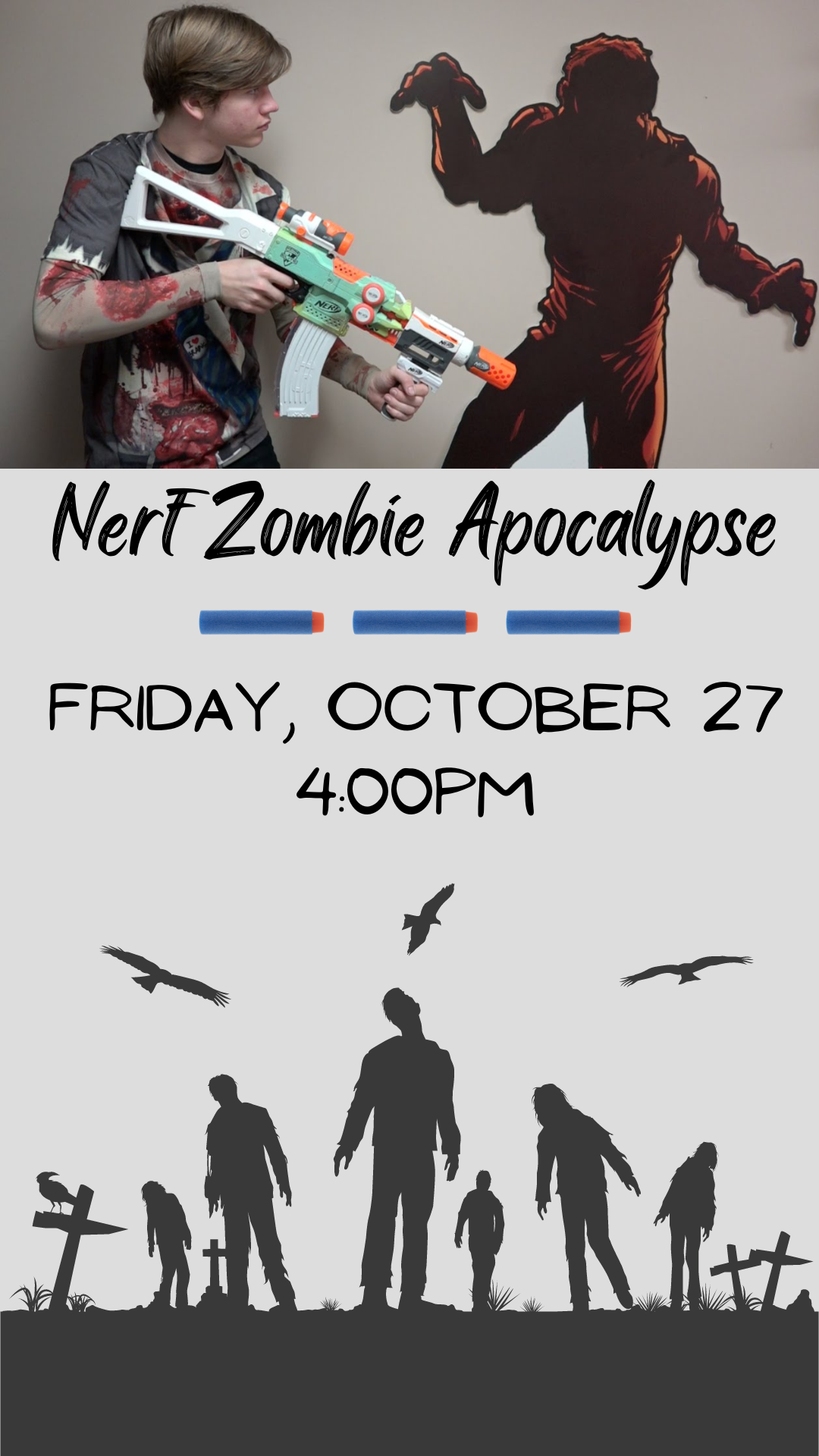 zombies and kid with nerf gun fighting a zombie. program detail
