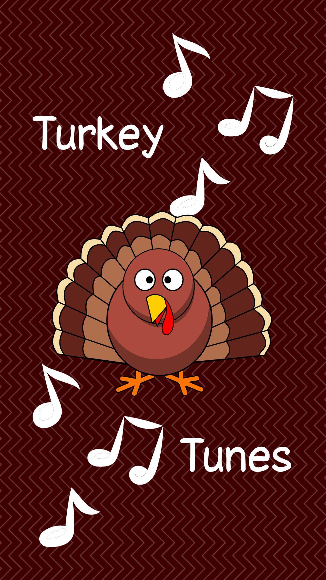 Dark and light brown chevron background. Images of a turkey and music notes. Text reads "Turkey Tunes".