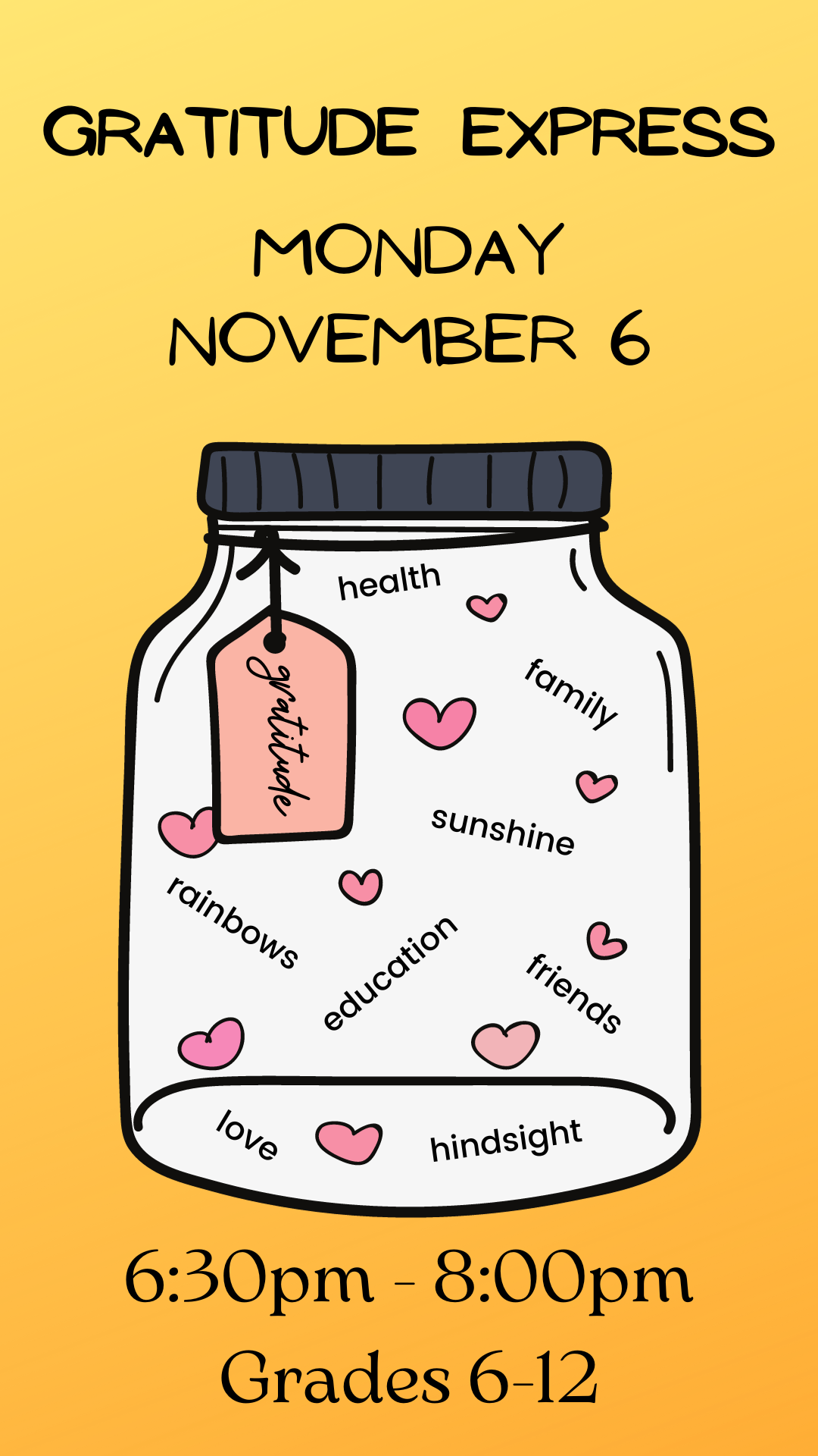 yellow orange background with gratitude jar and event details