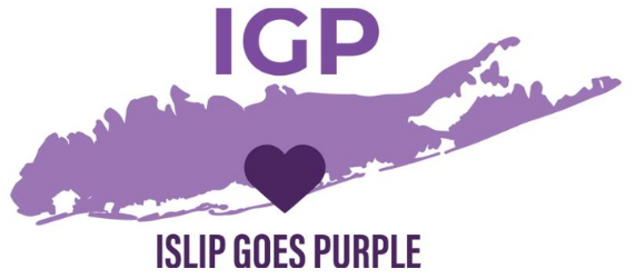 Logo for Islip Goes Purple Event. Purple Map of Long Island with a purple heart on it.