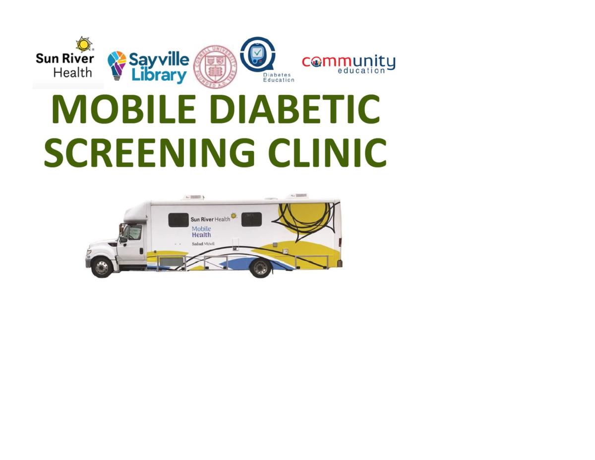 Picture of Sun River Health Bus with "Mobile Diabetic Screening Clinic" words printed above the bus picrture.