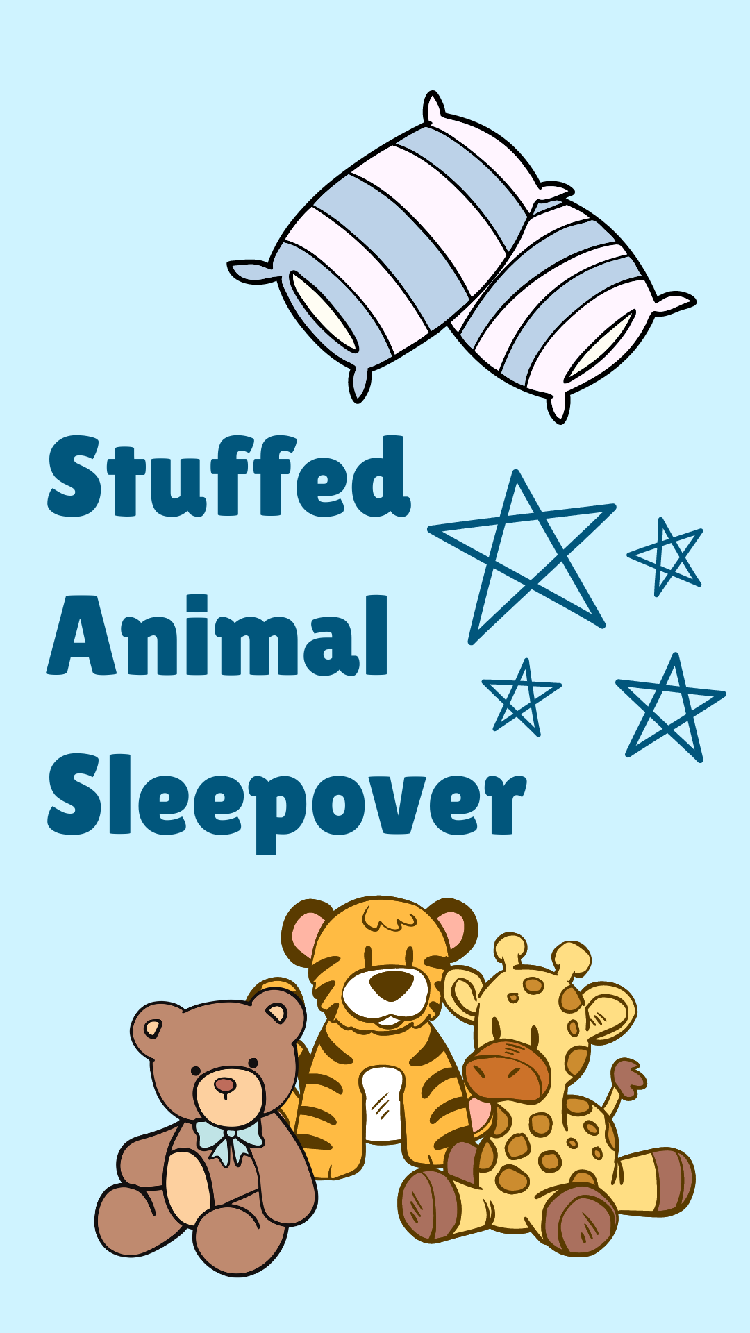 Pastel blue background with images of pillows, different stuffed animals, and sketch stars. Dark blue text "Stuffed Animal Sleepover".