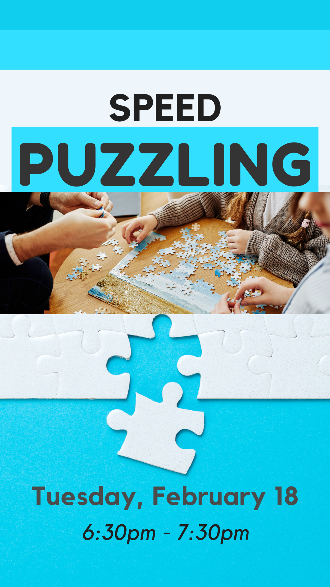 three teens putting a puzzle together with a white puzzle background and program details