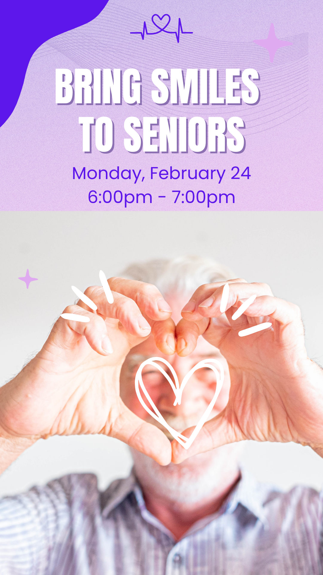 senior citizen making heart with hands and program details