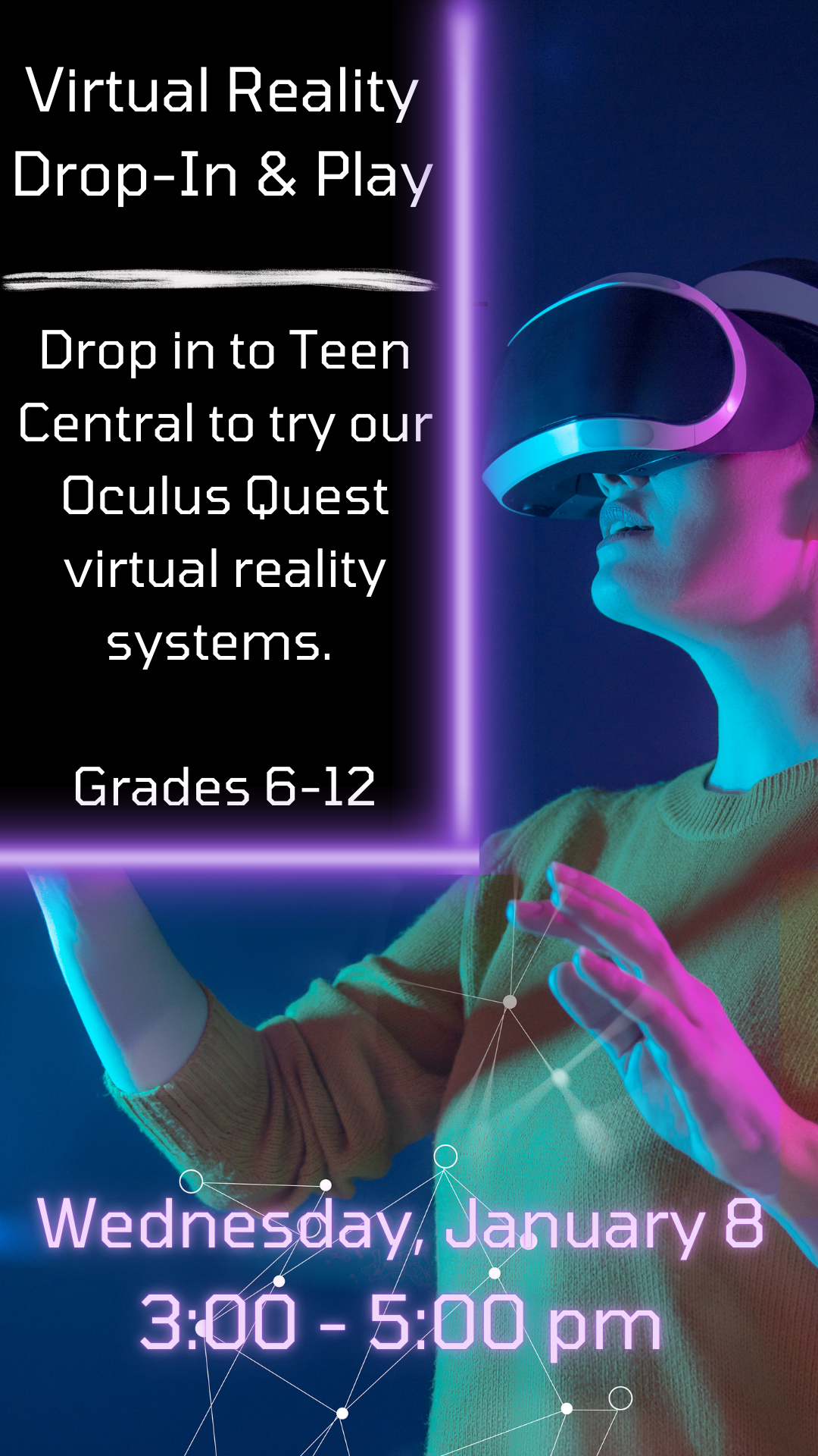 girl wearing virtual reality headset and program details