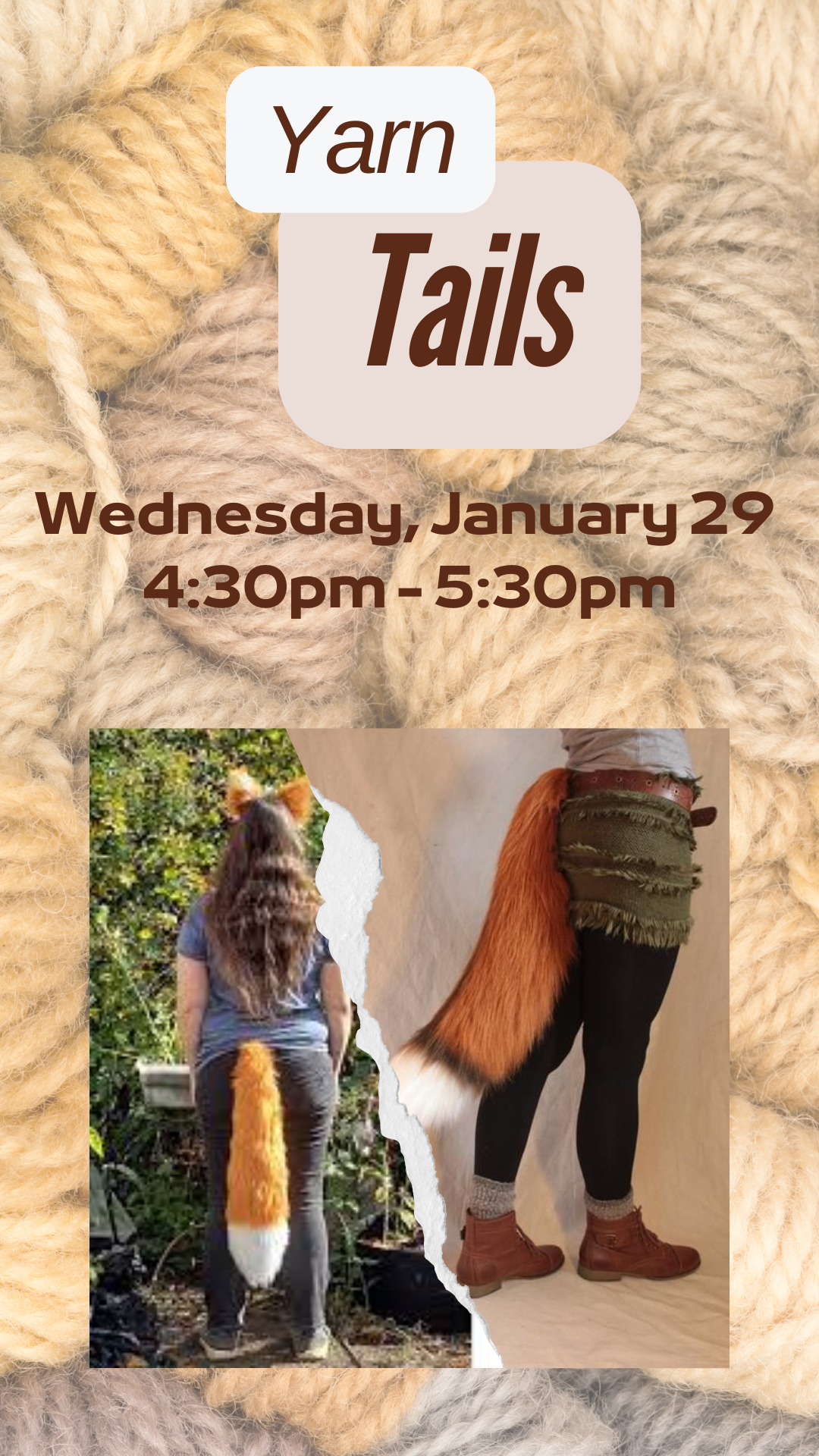 two pictures of real yarn tails with a tan yarn background and program details